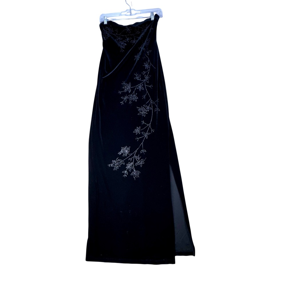 City Triangles Gown Women M Black Strapless Velvet Glitter Floral Slit Y2K 90s